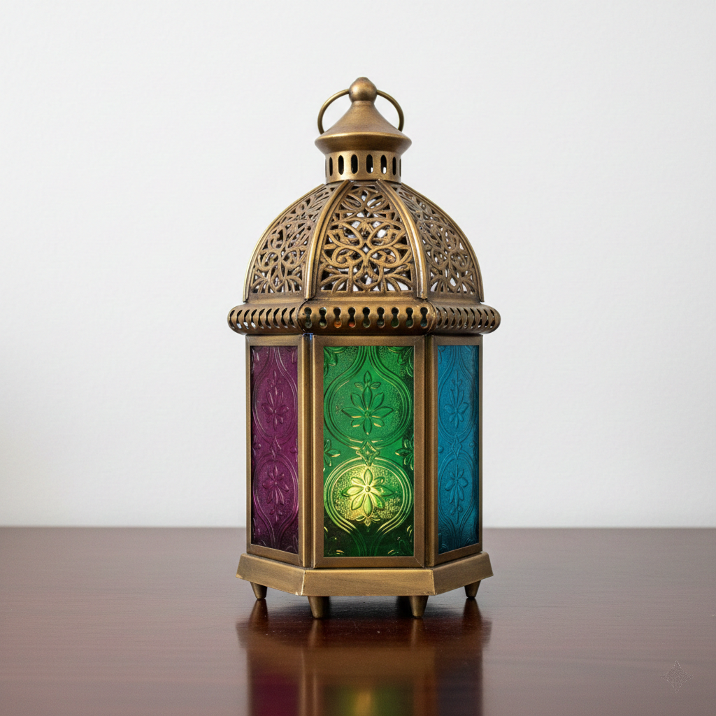 Decorative lantern with colorful glass panels on a reflective surface