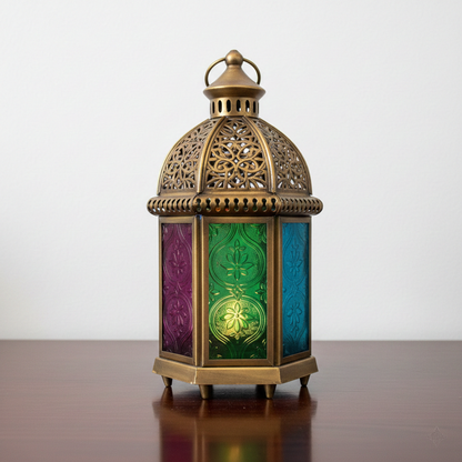 Decorative lantern with colorful glass panels on a reflective surface