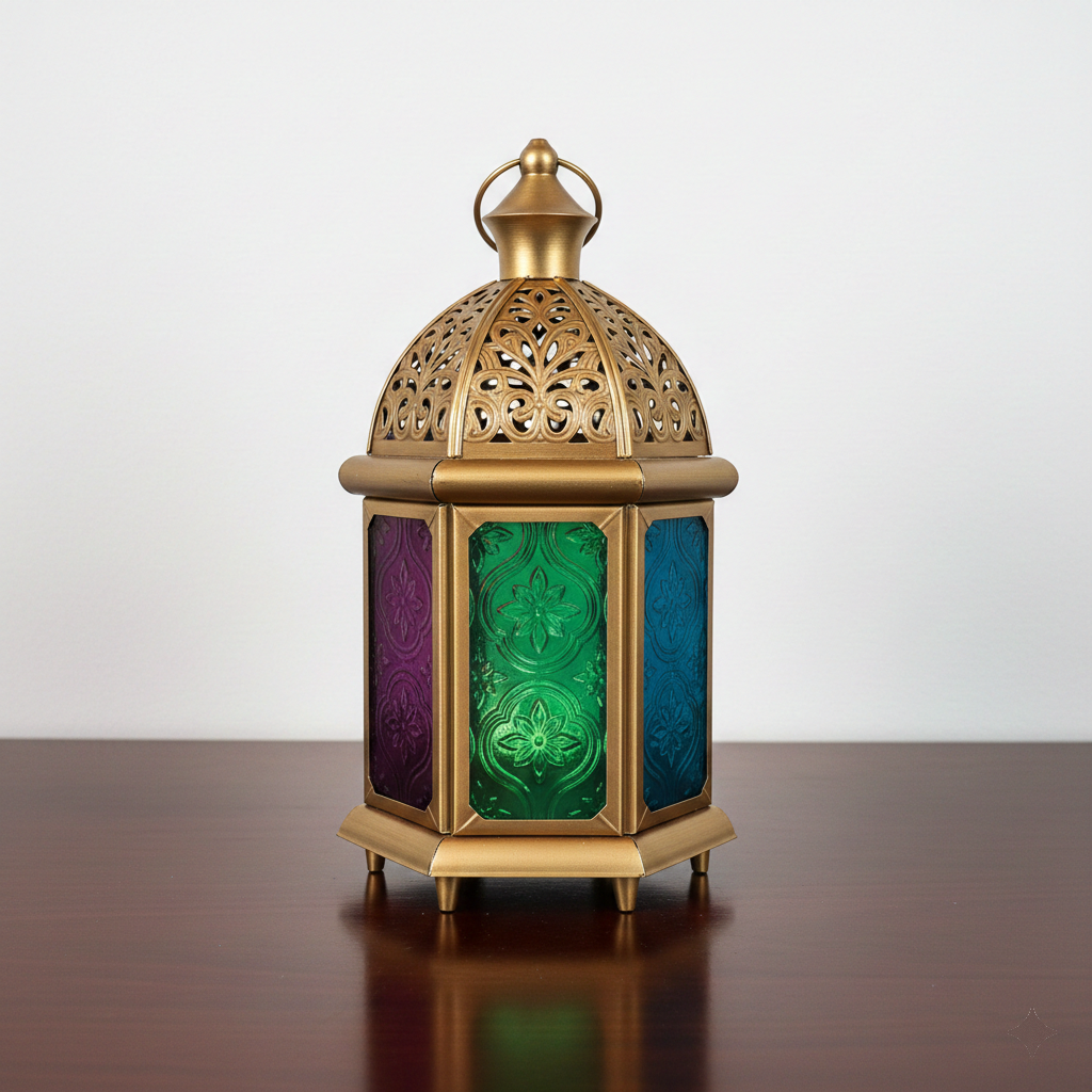 Decorative lantern with gold metalwork and colorful glass panels on a wooden surface.