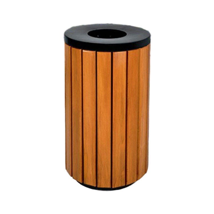 Wooden trash can with black top on a white background