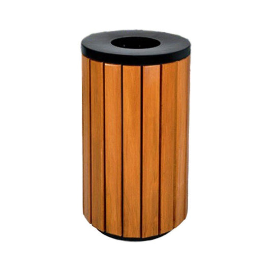 Wooden trash can with black top on a white background
