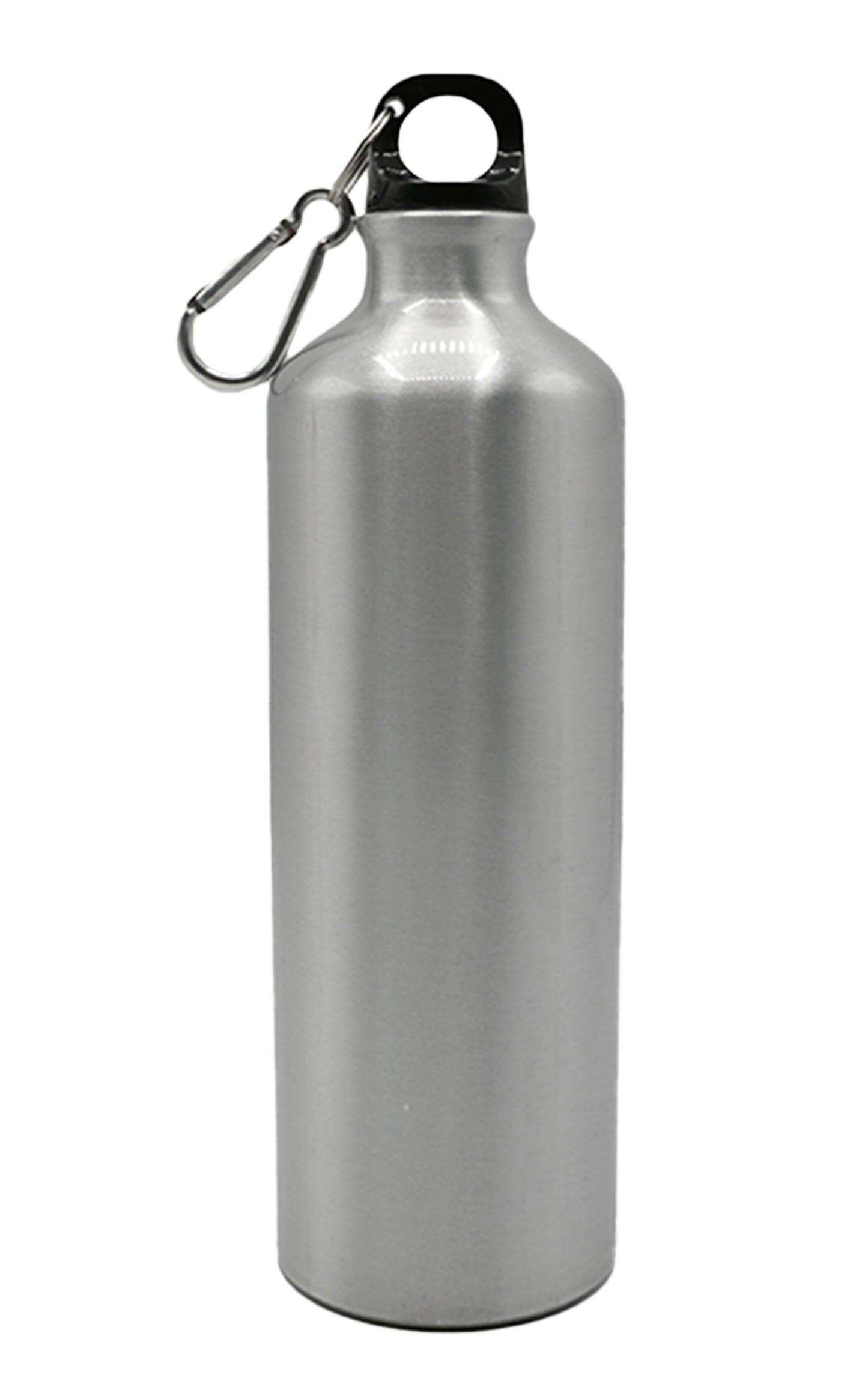 Silver water bottle with a carabiner on a white background