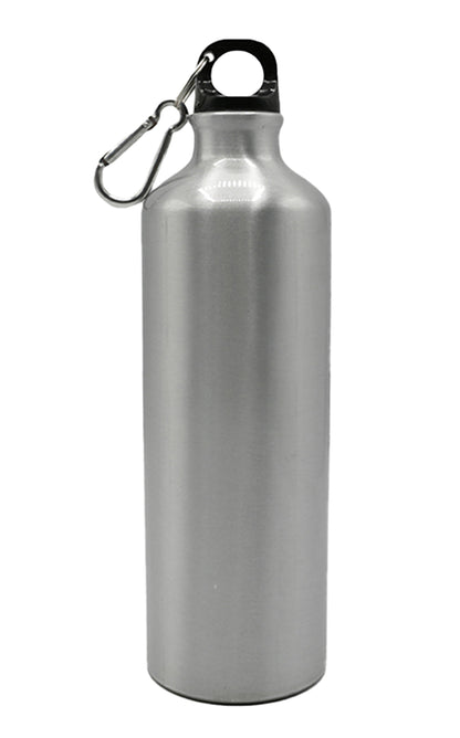Silver water bottle with a carabiner on a white background