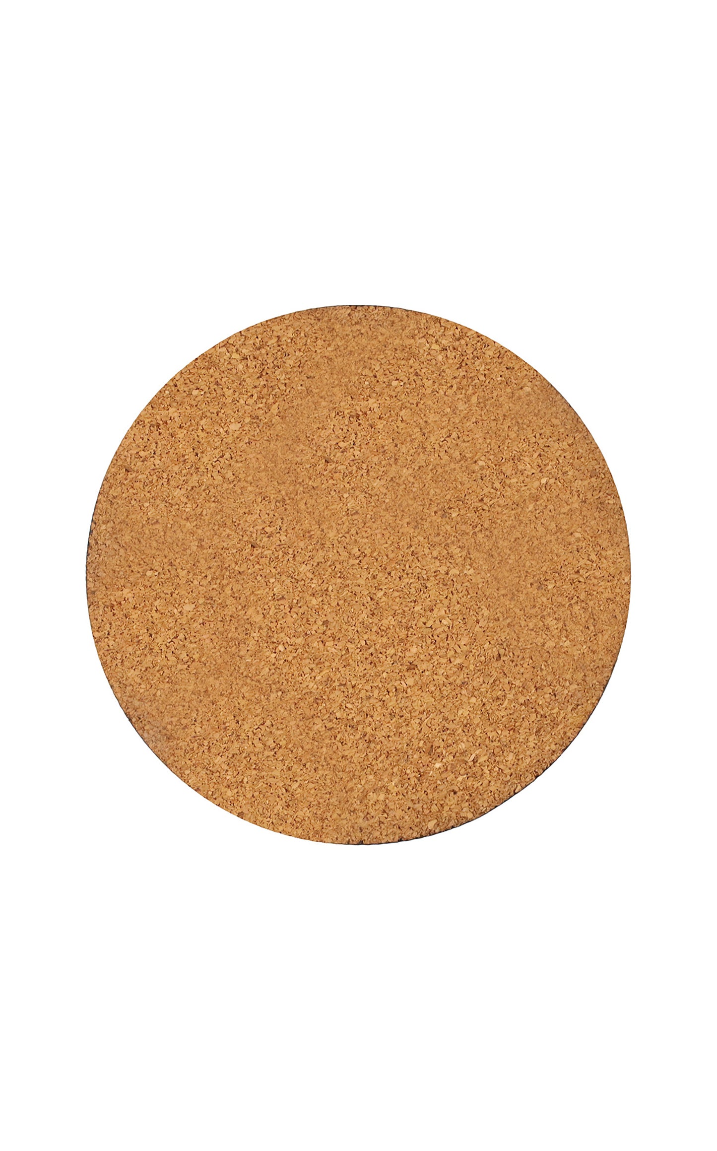 A round-shaped, solid brown cork coaster with a sublimation coating.
