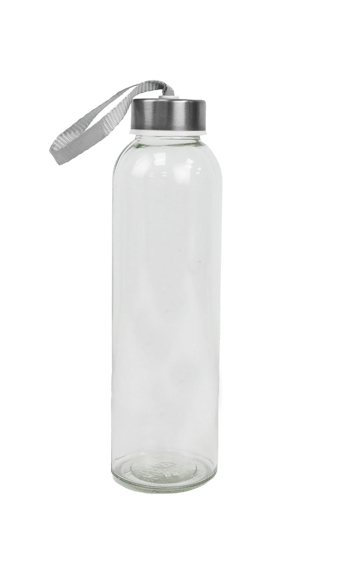 A transparent glass bottle with a metal cap and an anti-slip sleeve.