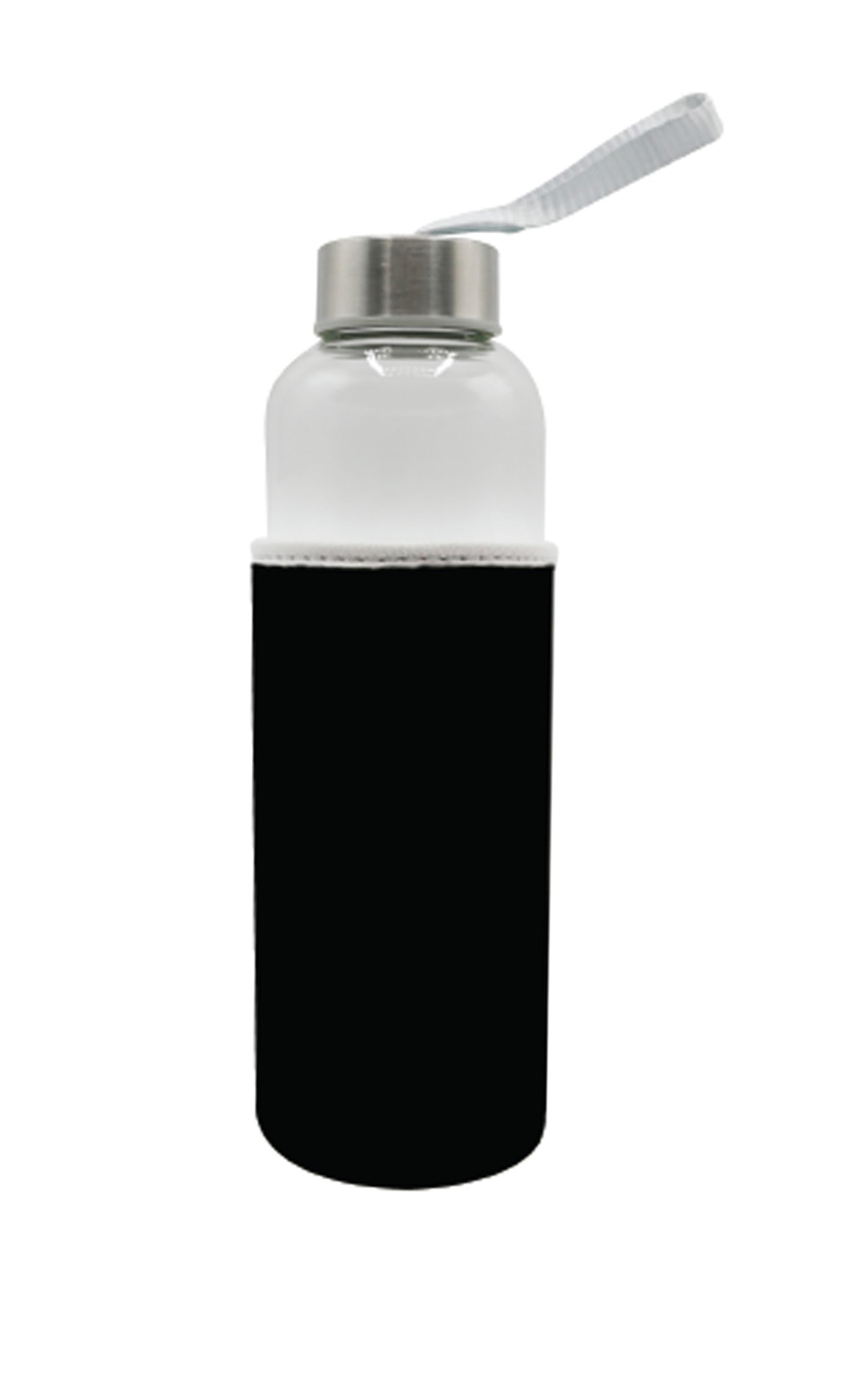 Clear water bottle with black base and silver lid on a white background