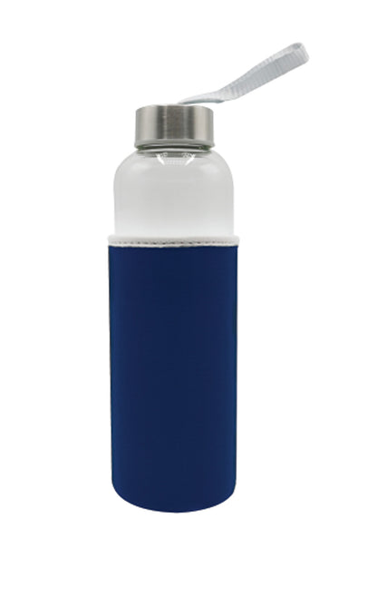 Clear water bottle with navy base and silver straw lid on a white background