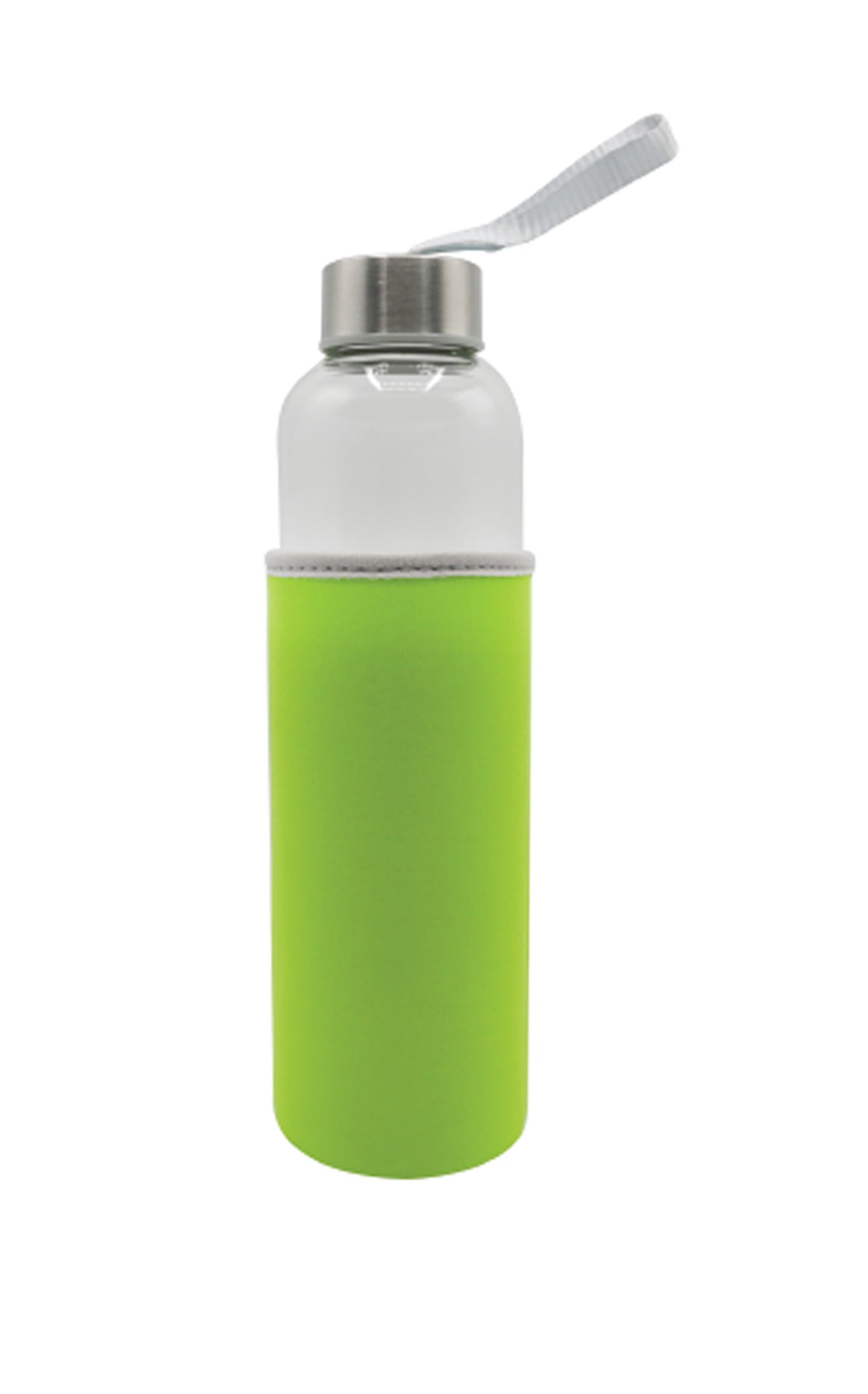 Green water bottle with a silver cap on a white background