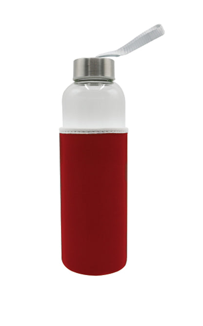 Clear water bottle with red base and silver cap on a white background
