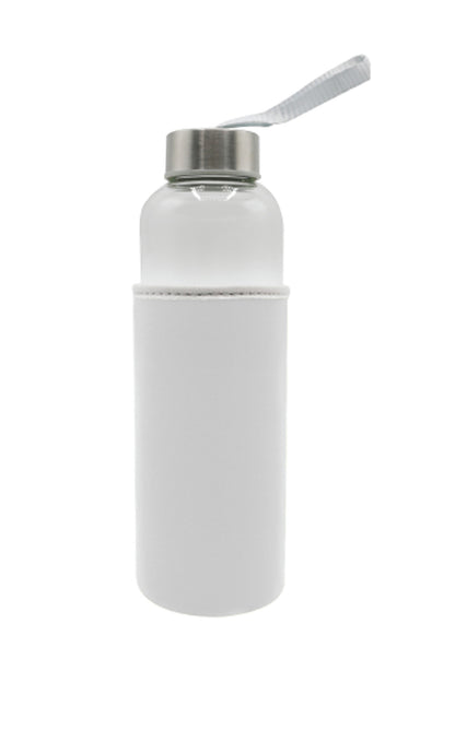 Clear water bottle with a white sleeve on a white background
