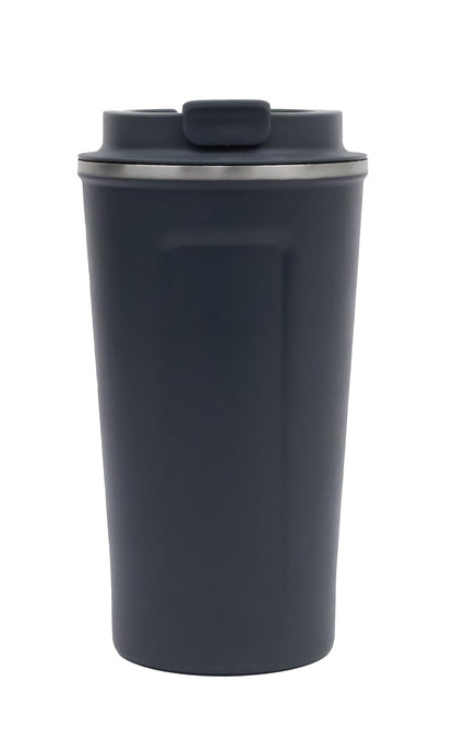 Black travel mug with a lid on a white background