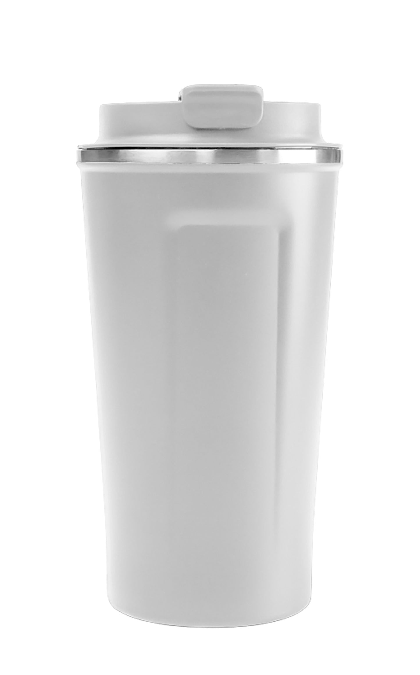 White insulated tumbler with a gray lid on a white background