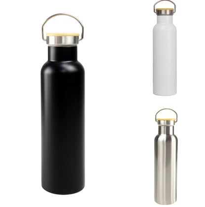 Black, white, and silver water bottles with gold caps on a white background