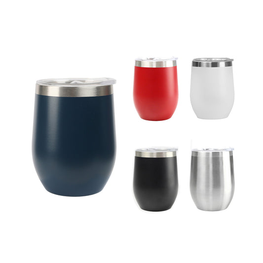 Set of six insulated wine tumblers in various colors on a white background