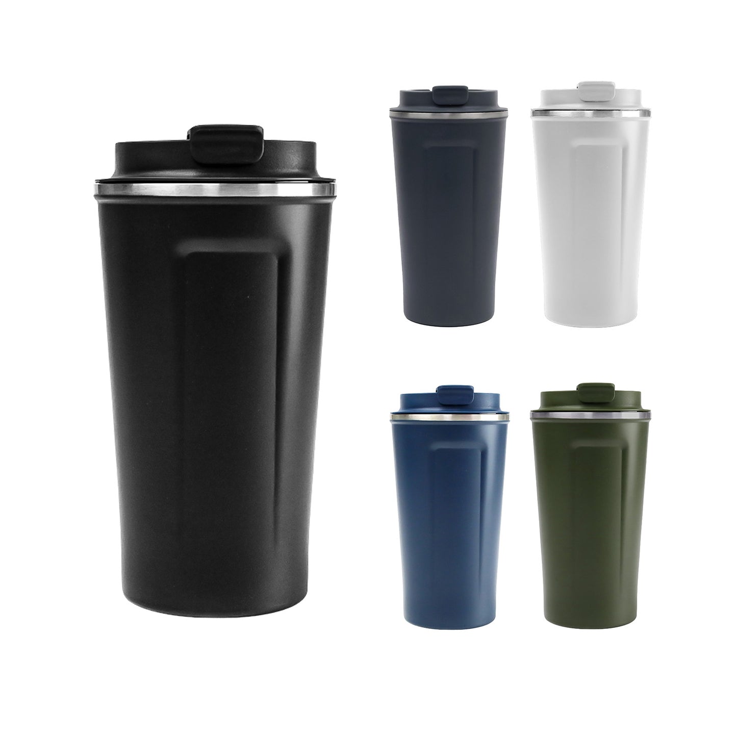 Set of five insulated travel mugs in black, gray, blue, and green on a white background