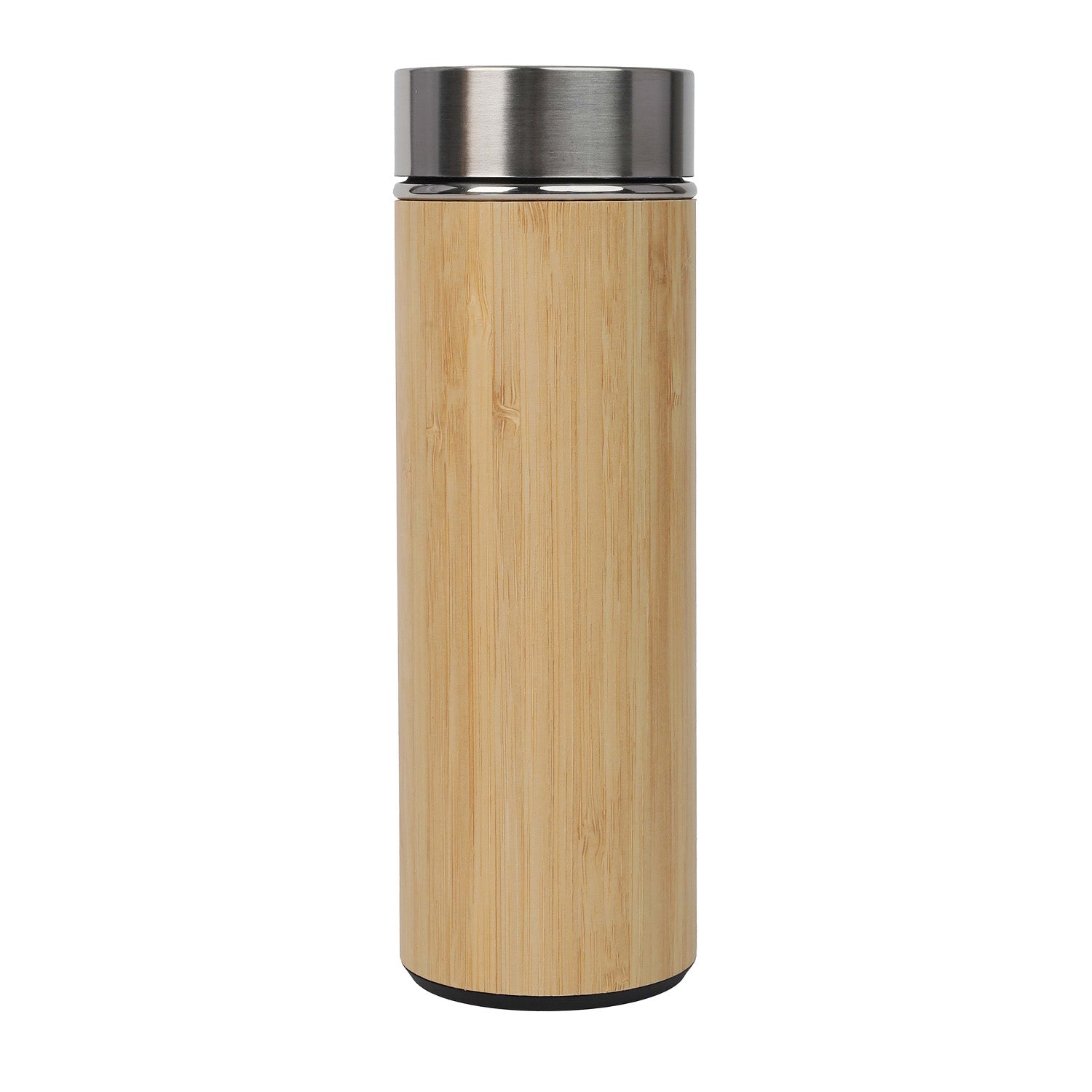 A vacuum stainless steel flask with a bamboo exterior and a bamboo-wrapped lid, featuring a tea infuser.