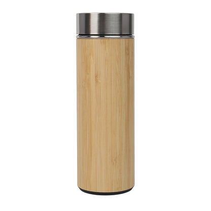 A vacuum stainless steel flask with a bamboo exterior and a bamboo-wrapped lid, featuring a tea infuser.