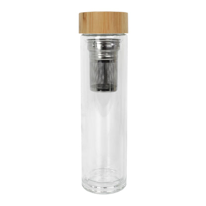 A double-walled borosilicate glass bottle with a bamboo lid and an internal fruit & tea infuser.