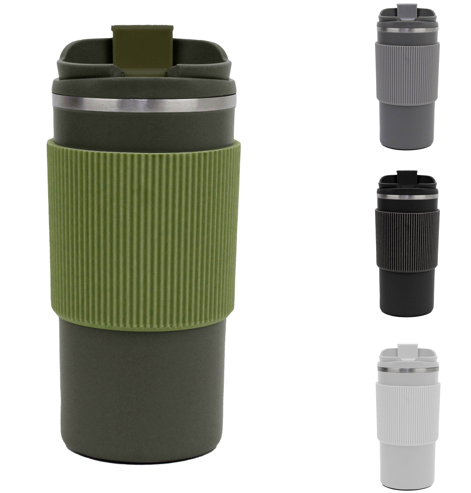 Set of travel mugs with green, gray, and white designs on a white background
