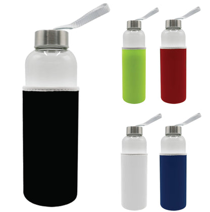 Set of water bottles with colorful sleeves on a white background