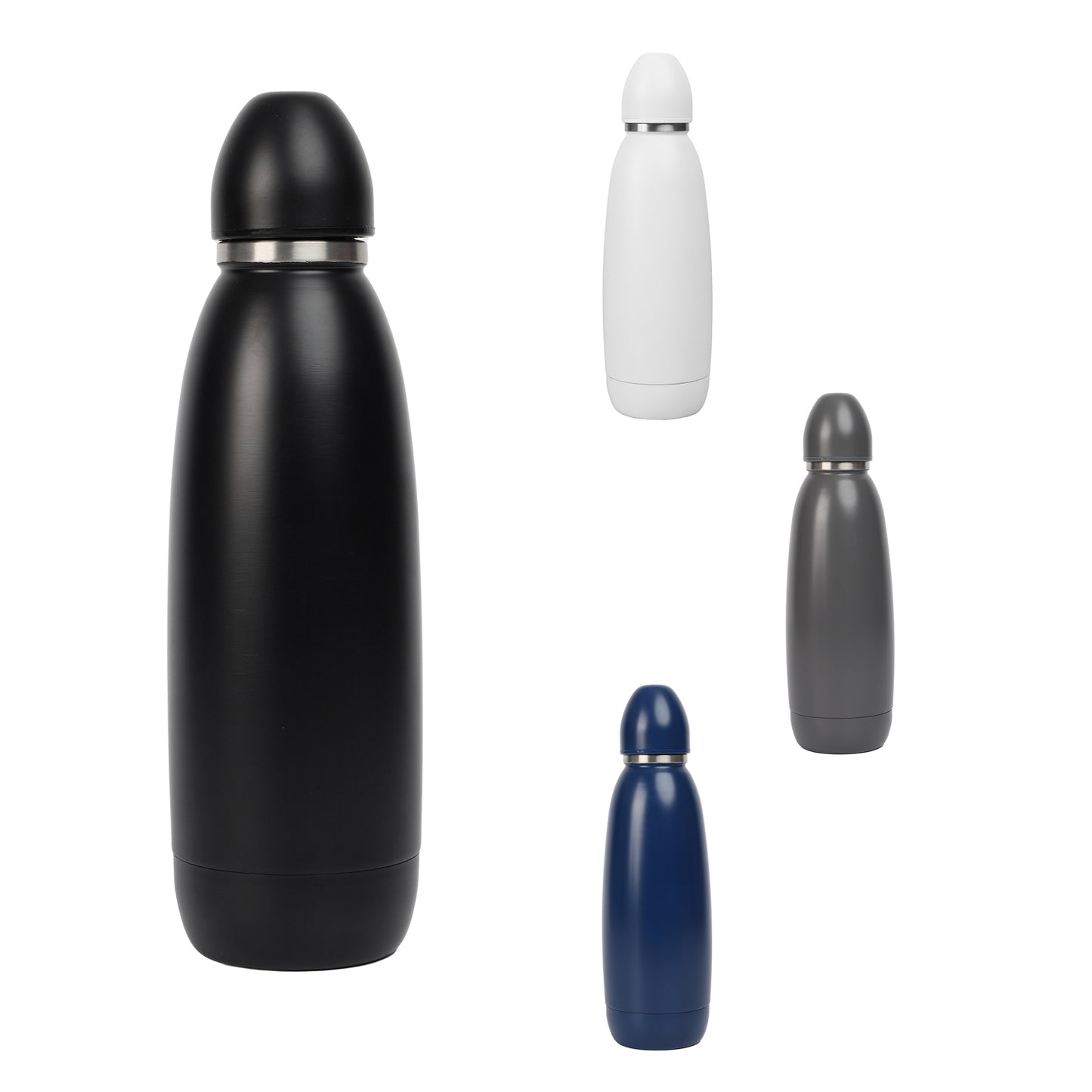 Set of four insulated bottles in black, white, blue, and gray on a white background