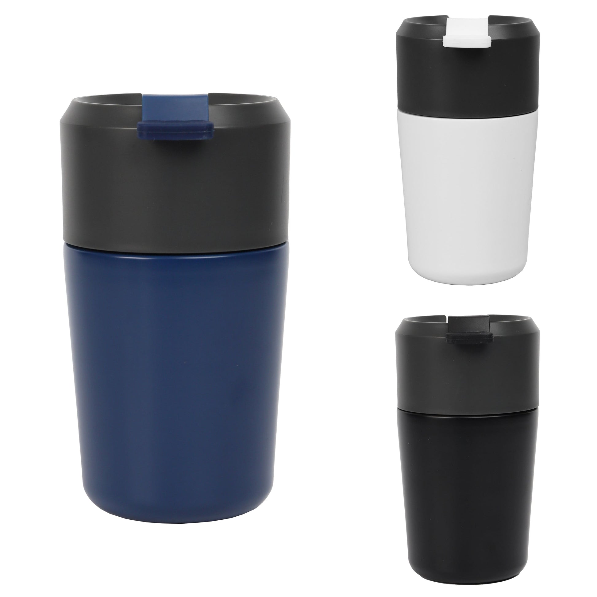Set of three insulated travel mugs in blue, black, and white on a white background