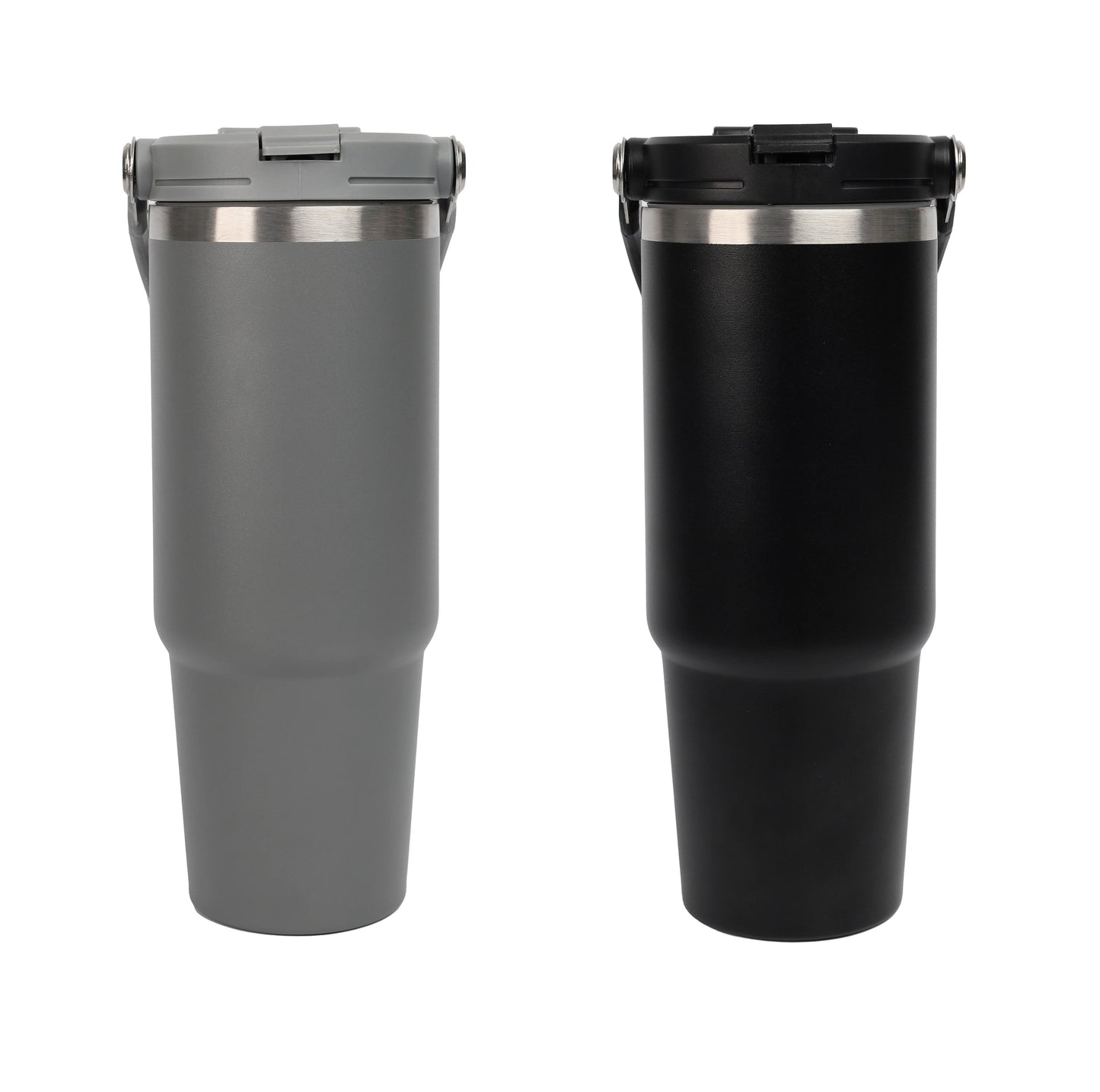 Two insulated travel mugs, one gray and one black, on a white background.