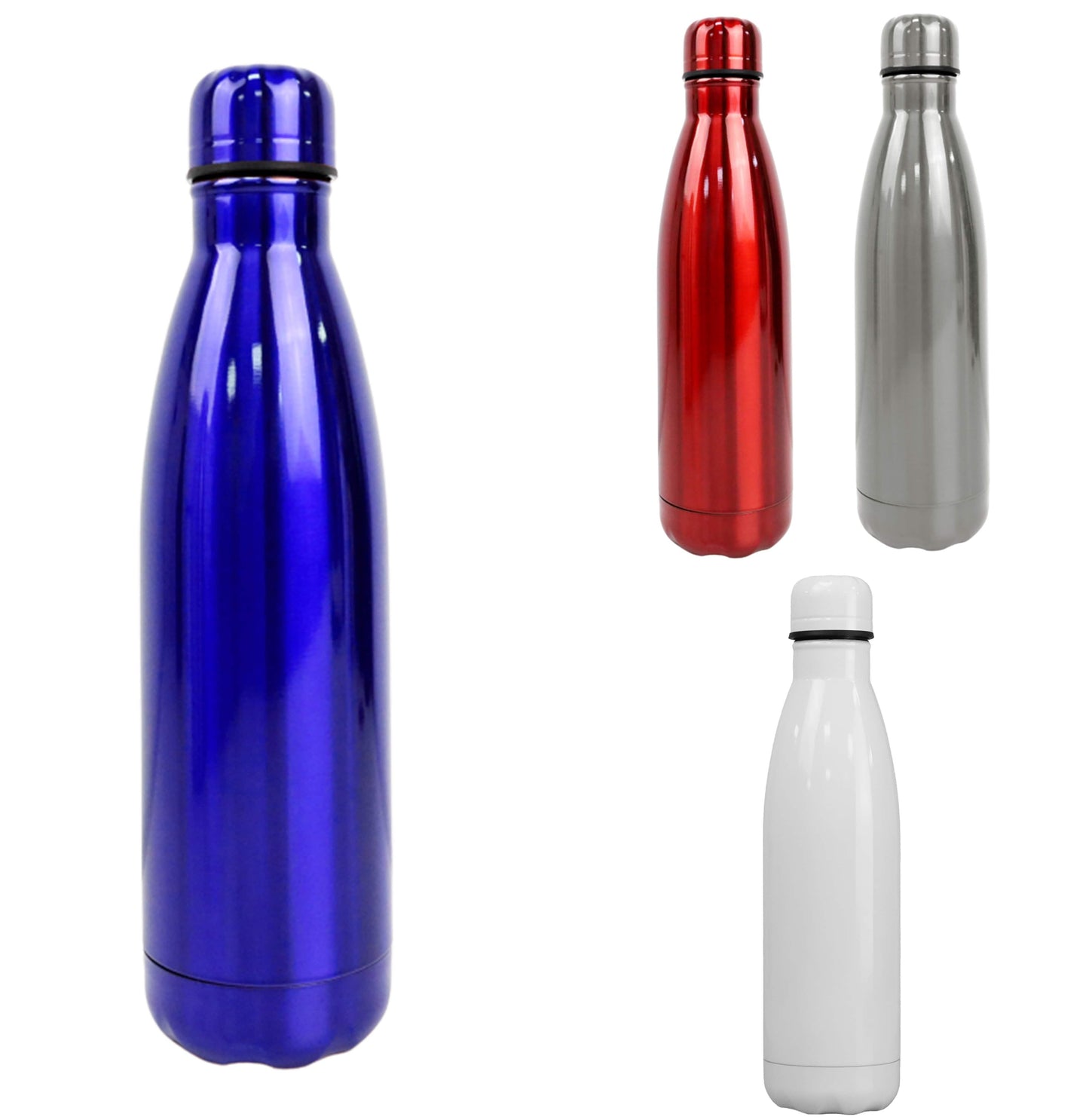 Four insulated metal bottles in blue, red, silver, and white on a white background