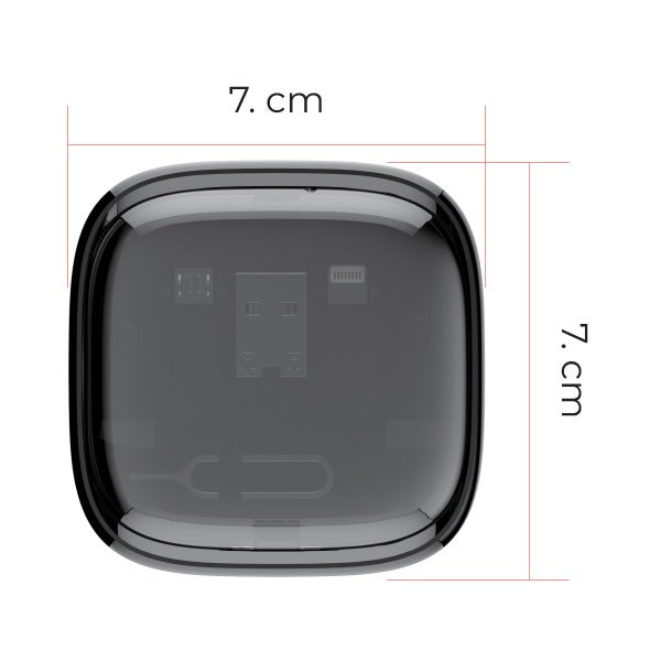Black electronic device with dimensions labeled on a white background
