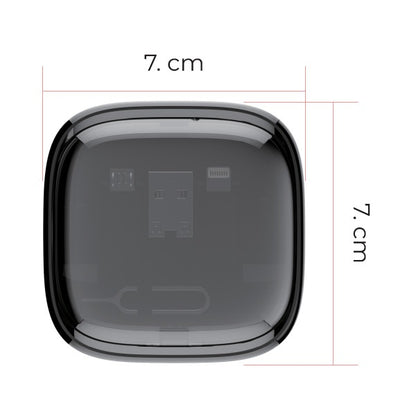 Black electronic device with dimensions labeled on a white background