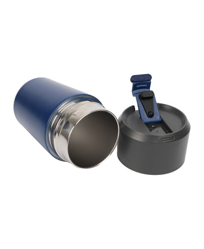 Blue and black insulated travel mug with open lid on a white background