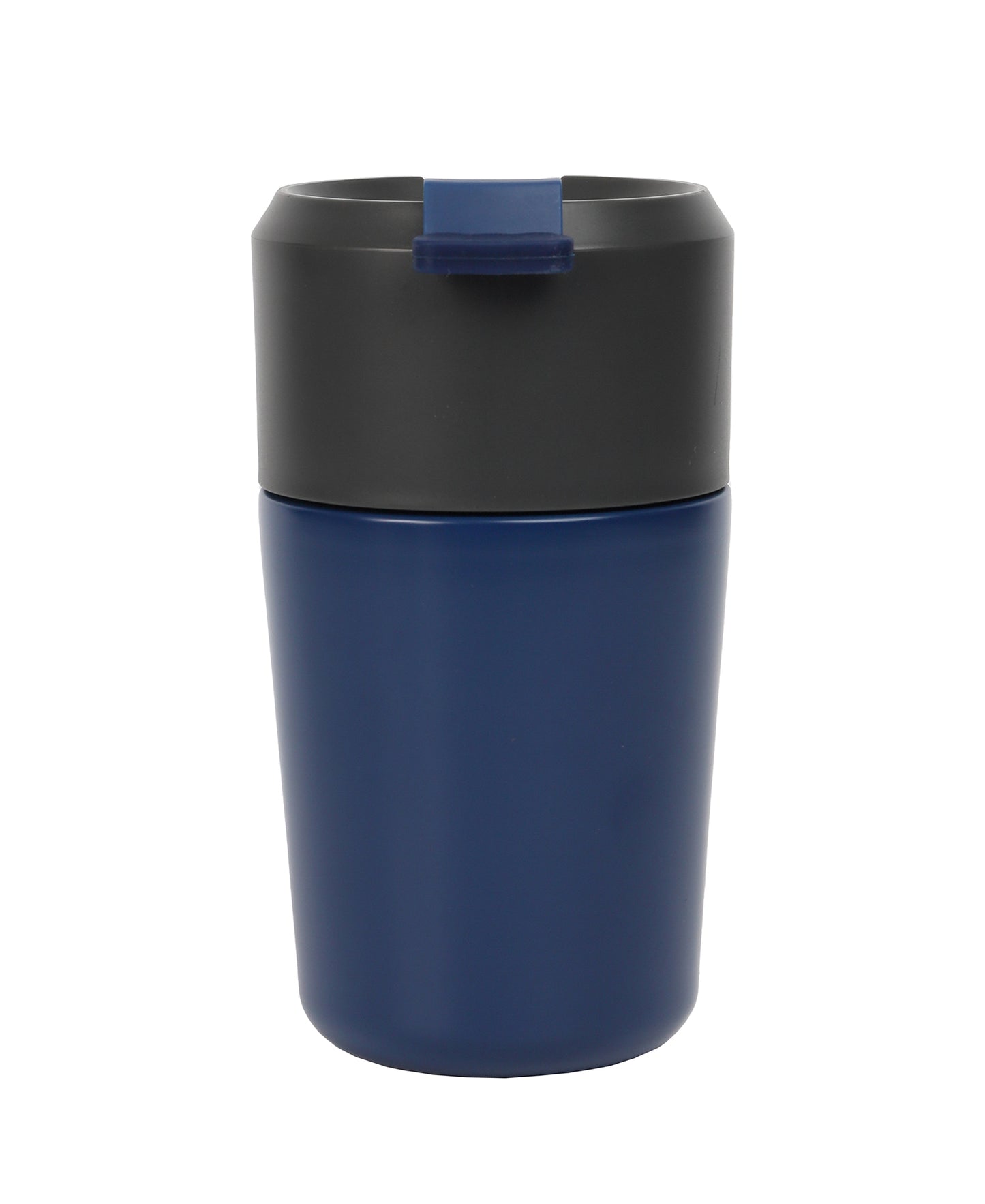 Blue and black thermos cup on a white background