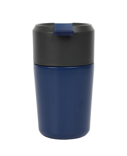 Blue and black thermos cup on a white background