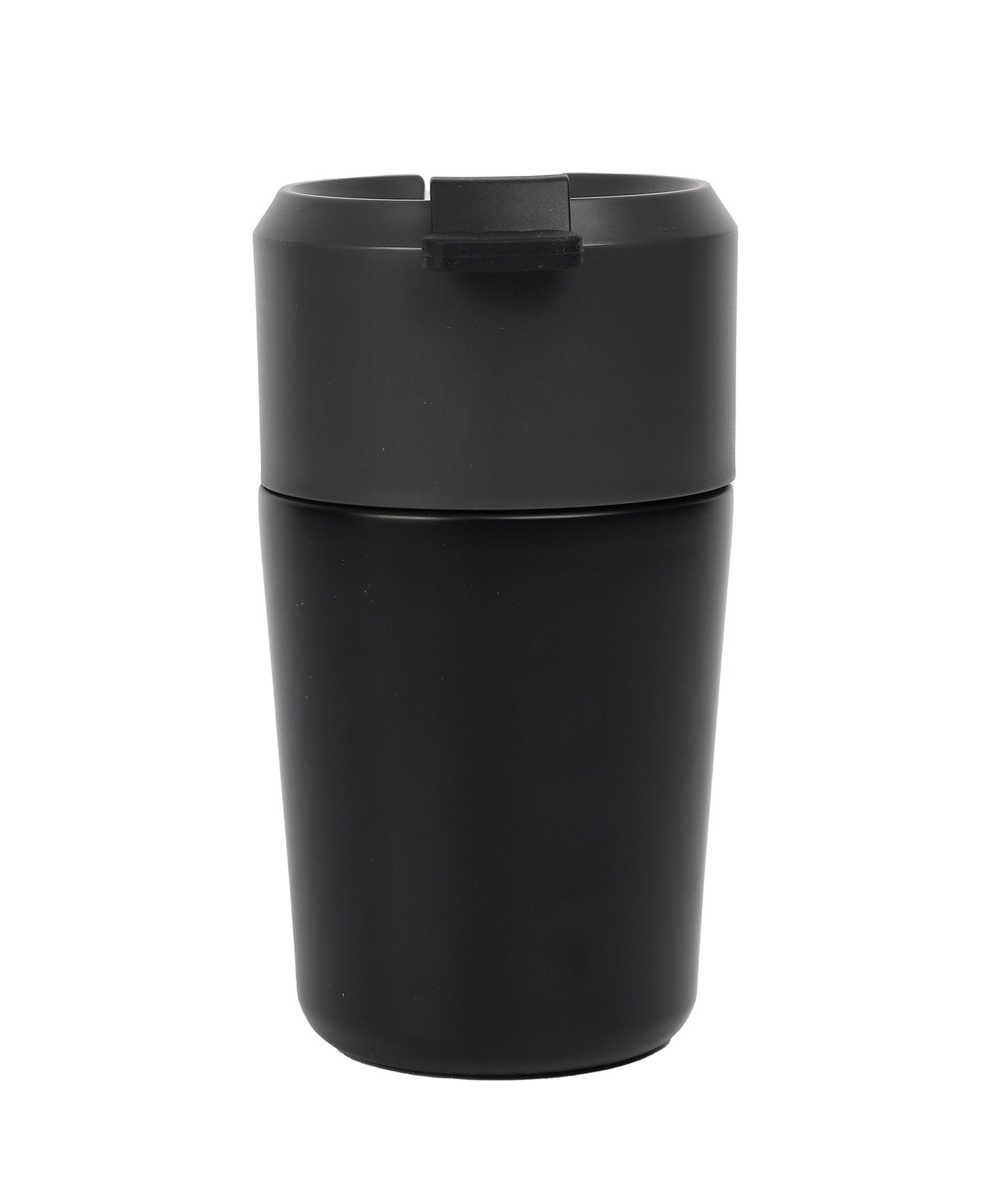 Black travel mug with a flip lid on a white background