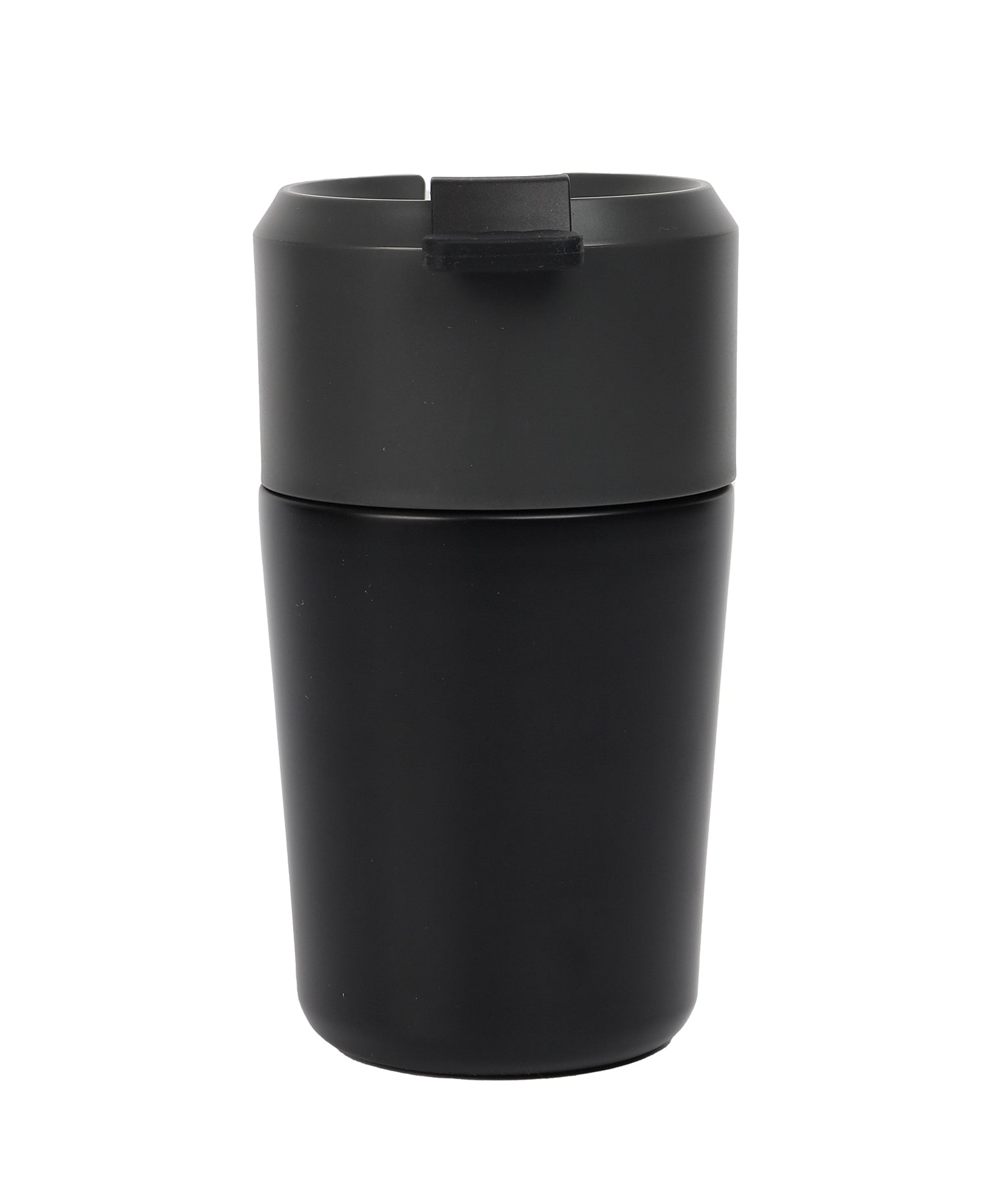 Black travel mug with a flip lid on a white background