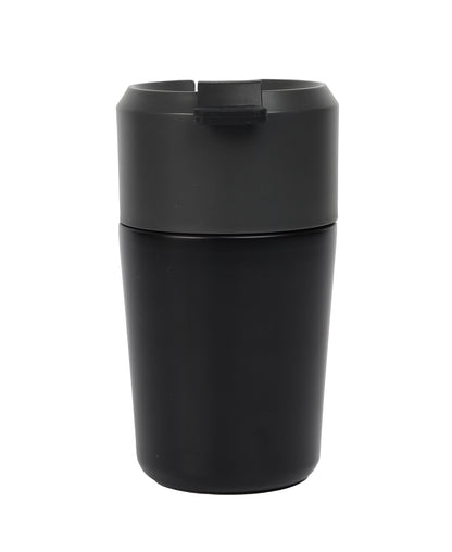 Black travel mug with a flip lid on a white background