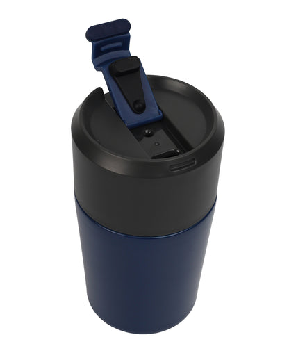 Blue and black travel mug with a clip on lid on a white background
