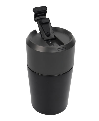 Black tumbler with a clip on lid on a white background