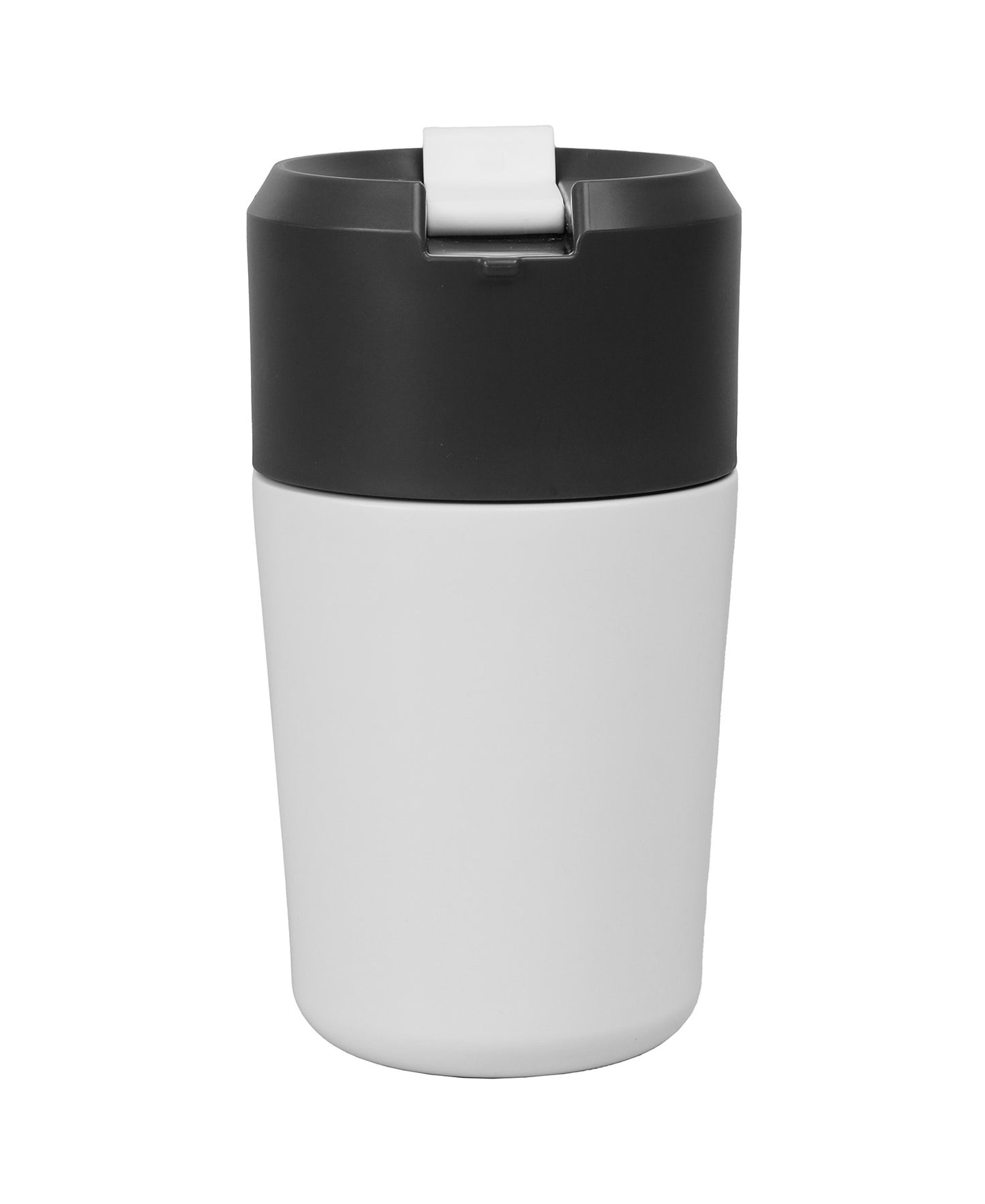 White travel mug with black lid on a white background