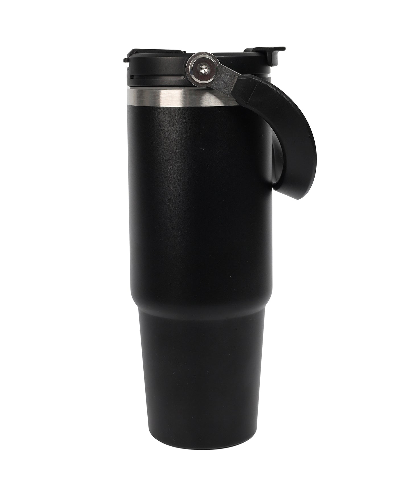A black double wall stainless steel tumbler with a handle and flip-stay sipper