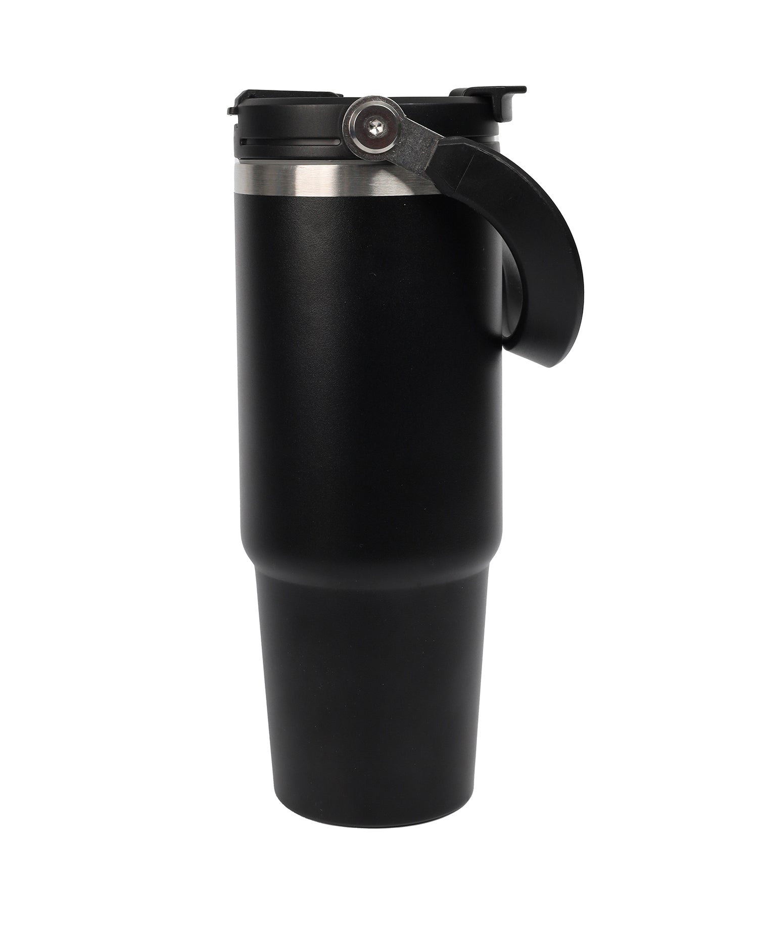 A black double wall stainless steel tumbler with a handle and flip-stay sipper