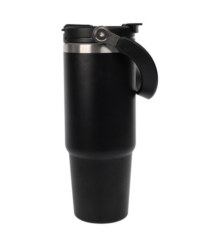 A black double wall stainless steel tumbler with a handle and flip-stay sipper