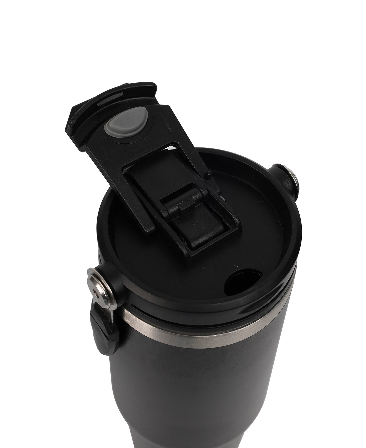 Black travel mug with a lid on a white background