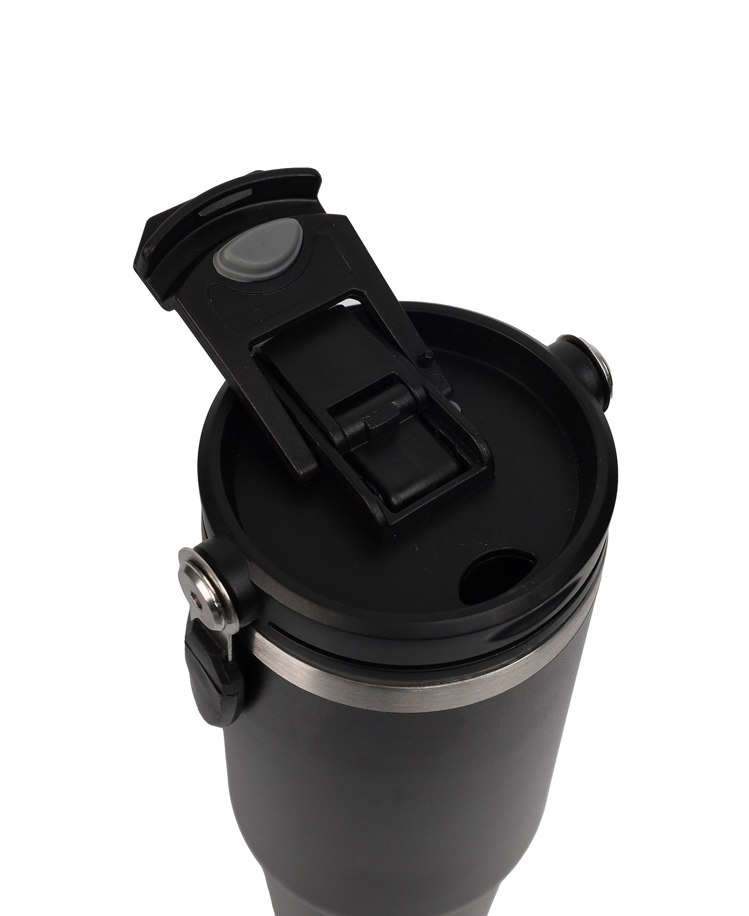 Black travel mug with a lid on a white background