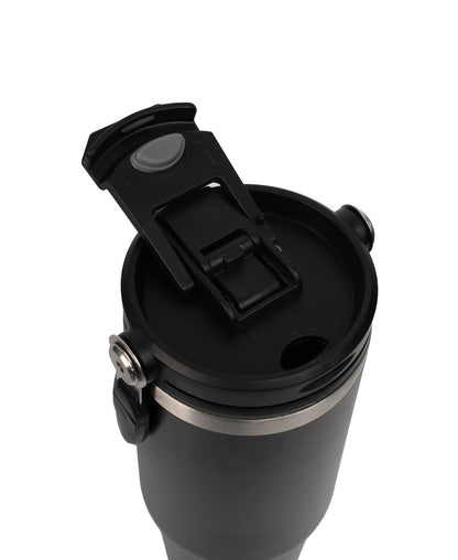 Black travel mug with a lid on a white background