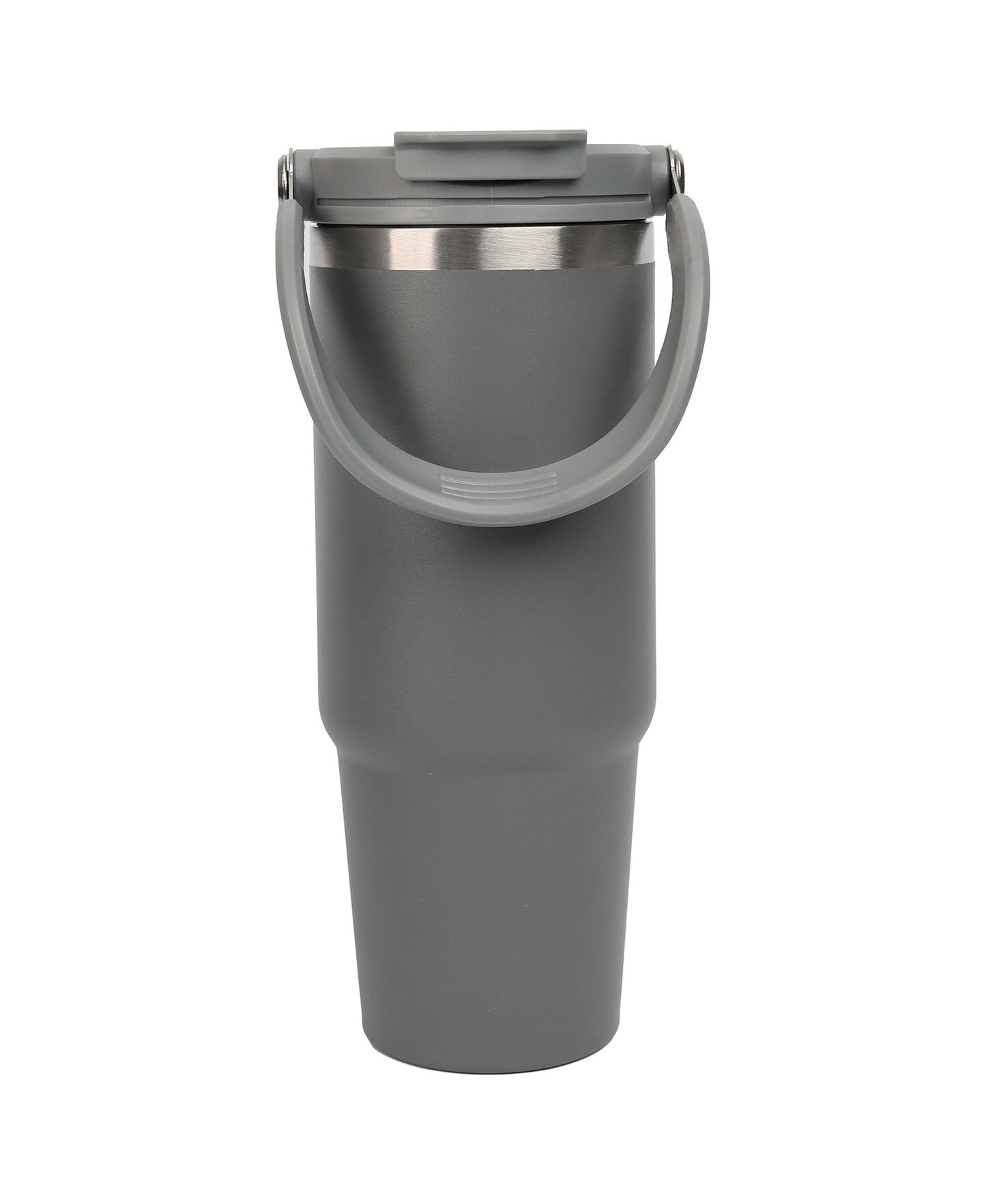 Gray travel mug with a handle on a white background