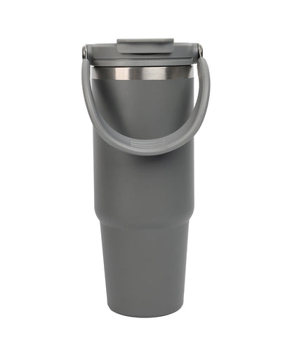Gray travel mug with a handle on a white background