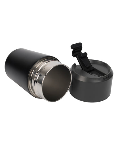 Black insulated travel mug with a silver interior on a white background