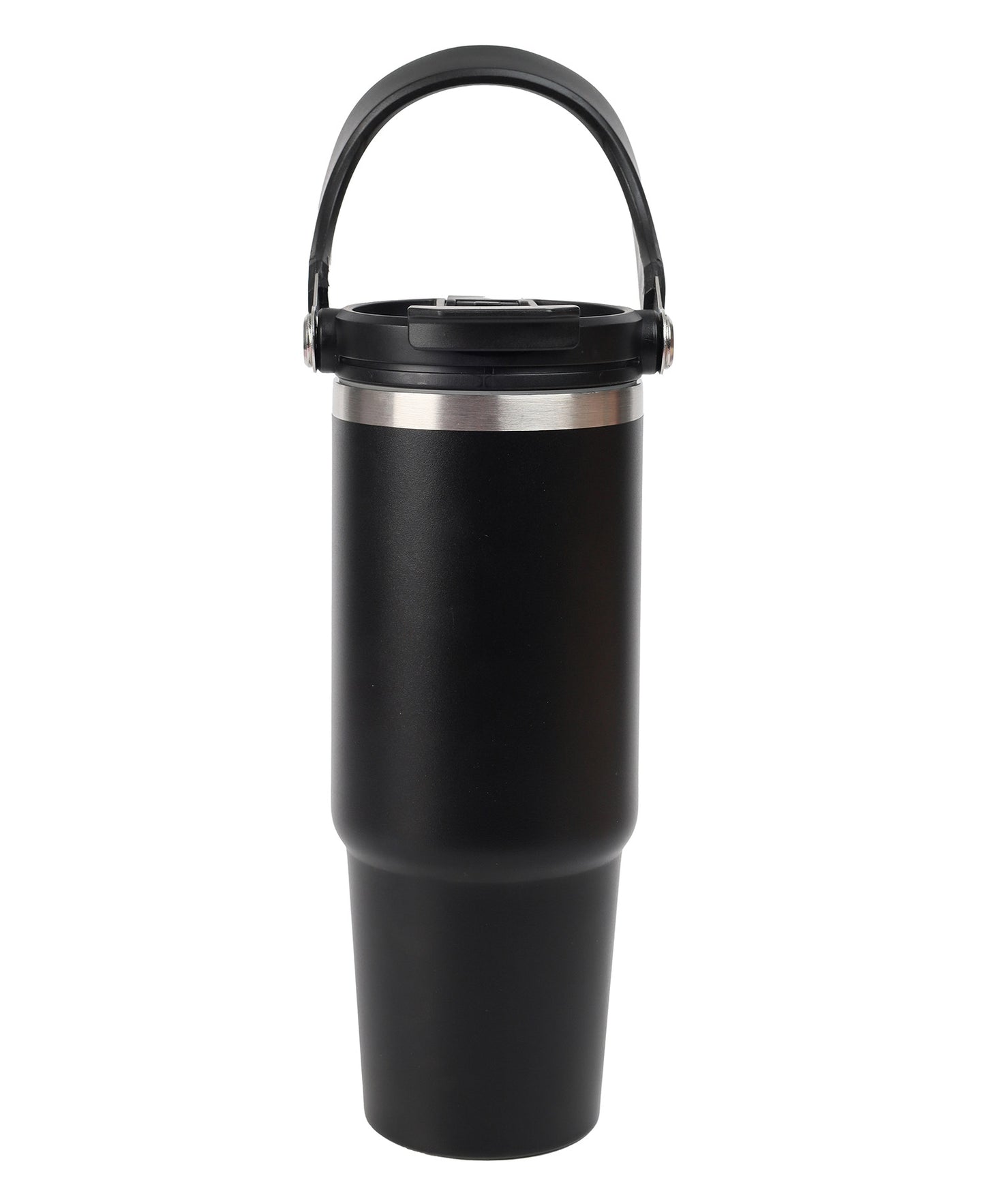 Black insulated tumbler with a handle on a white background