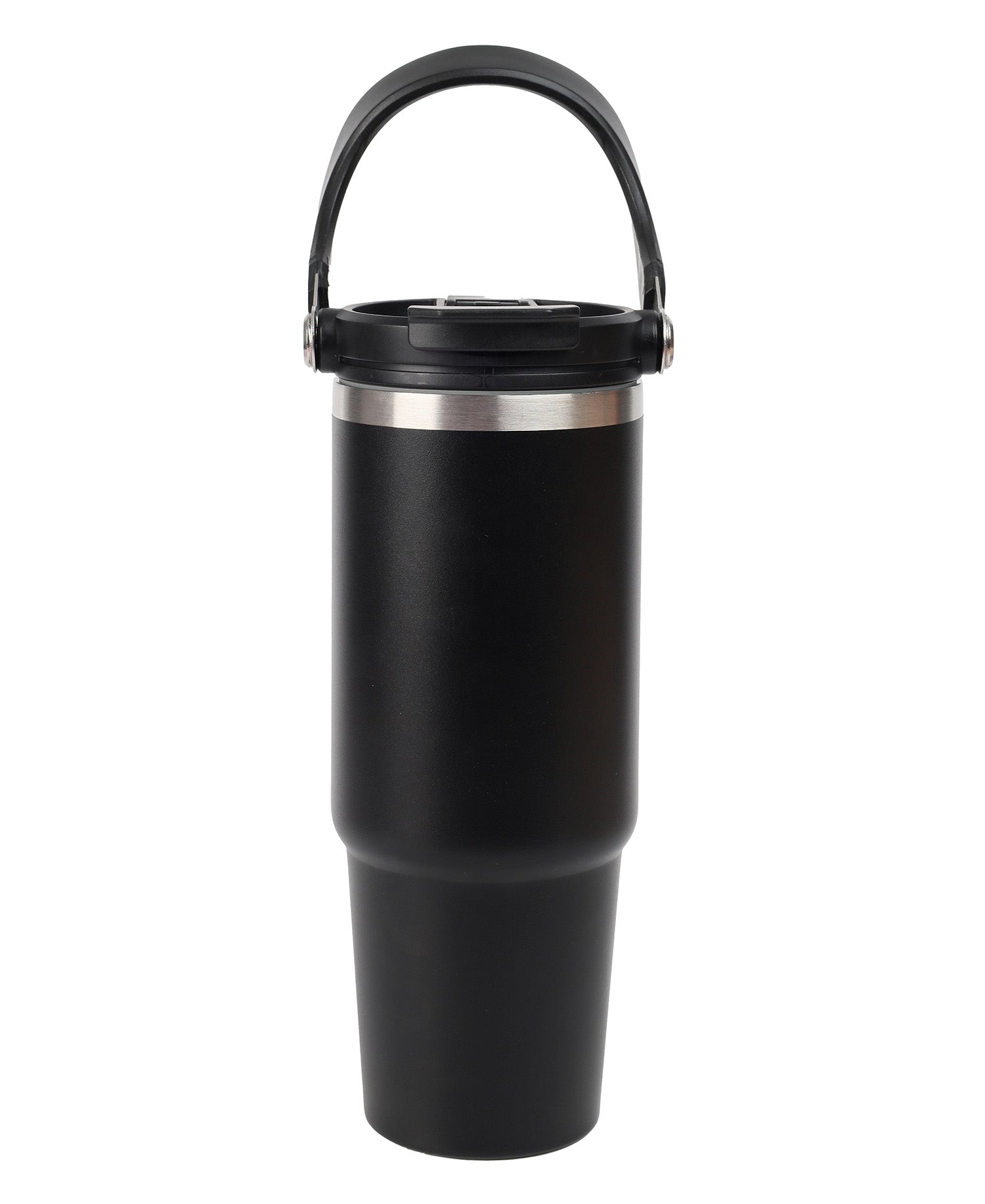 Black insulated tumbler with a handle on a white background